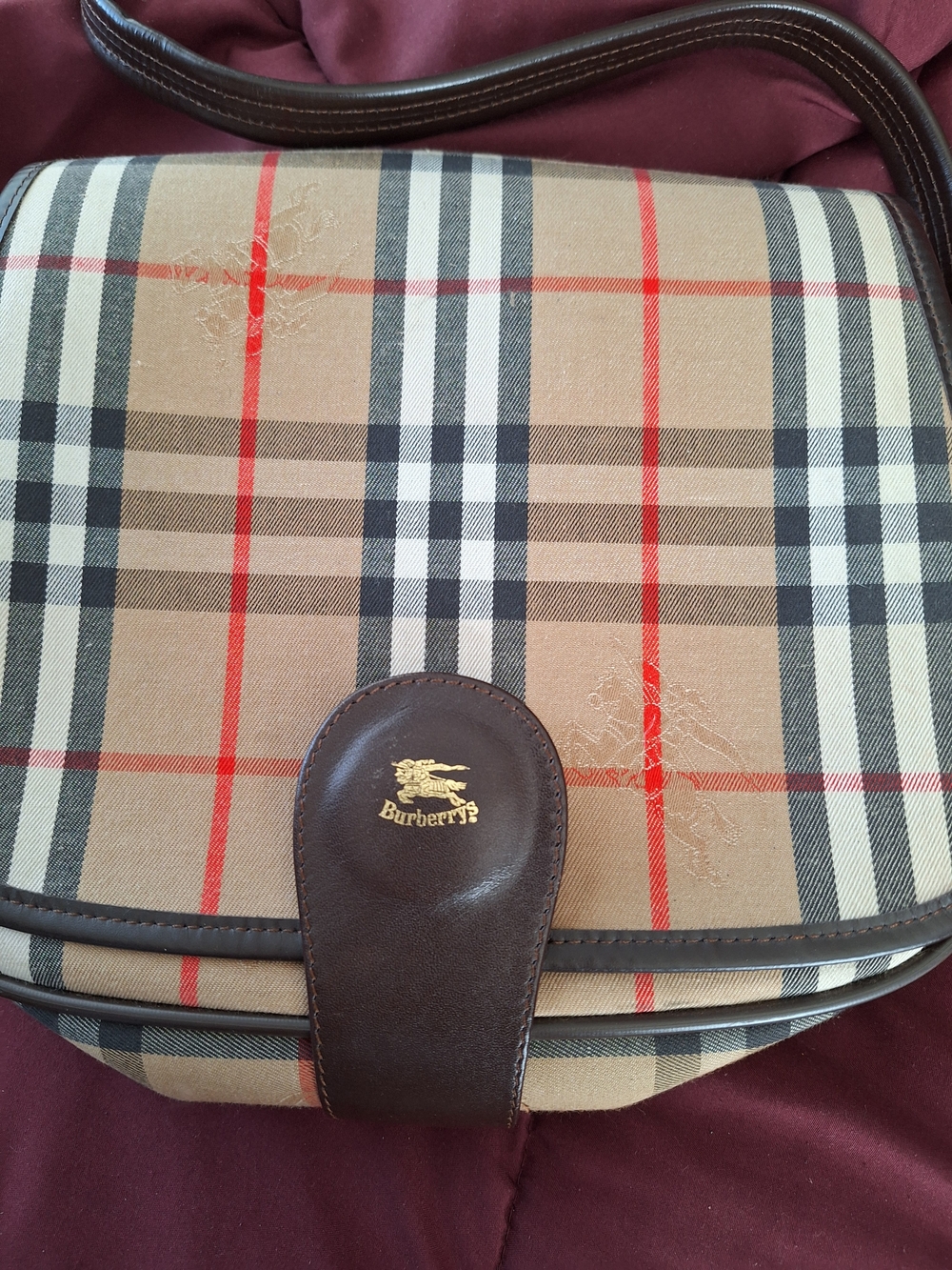 Vintage Plaid Leather Crossbody Bag - Tan, Black & Red- Burberry Lookalike - Picture 2 of 3